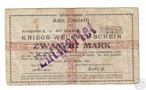 Banknote Kriegs Wechsel Schein 20 Mark Amt Datteln 1918