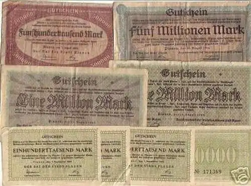 8 interessante Banknoten Inflation Stadt Plauen 1923