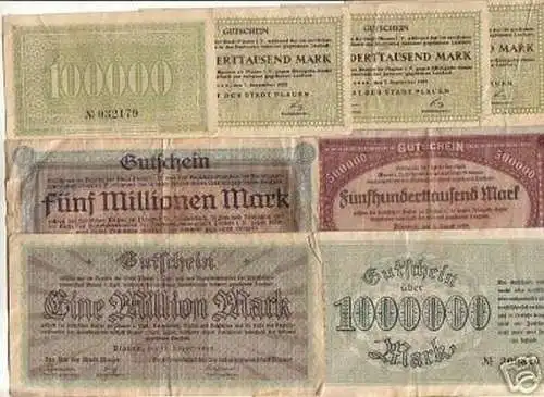 8 interessante Banknoten Inflation Stadt Plauen 1923