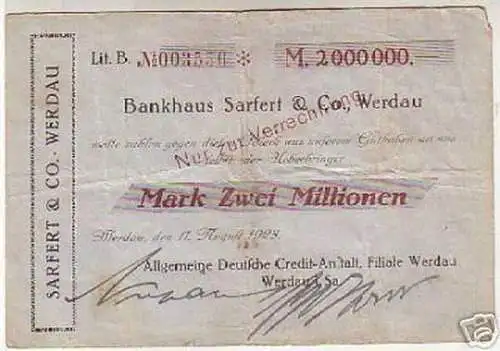 Seltene Banknote Inflation Sarfert & Co. Werdau 1923