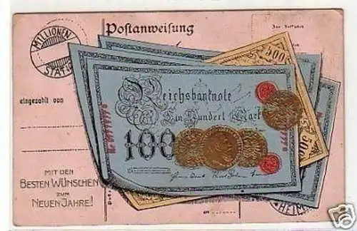 28593 Neujahrs Ak mit Münzen und Banknoten 1917