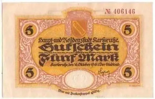 Banknote 5 Mark Großnotgeld Stadt Karlsruhe 1918