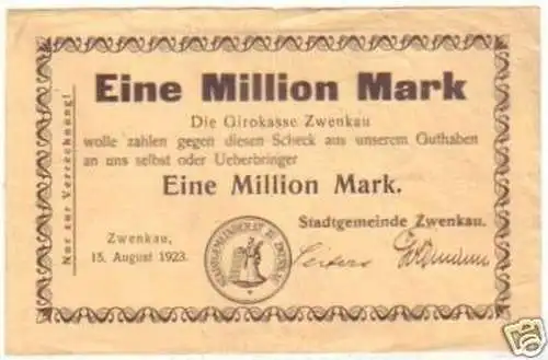 Banknote Inflation 1 Million Mark Stadt Zwenkau 1923