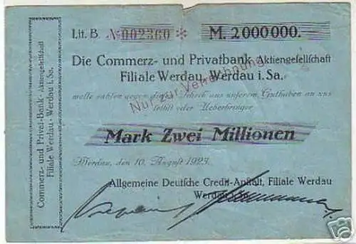 Seltene Banknote Inflation 2 Millionen Mark 1923 Werdau