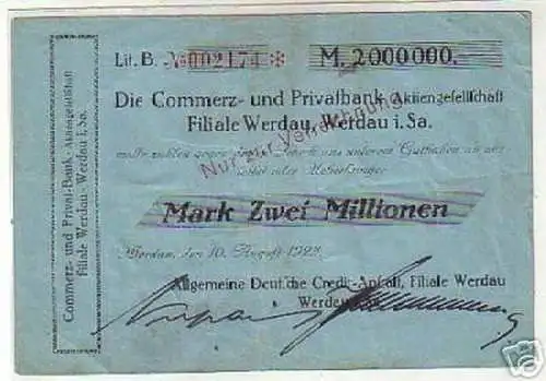 Seltene Banknote Inflation 2 Millionen Mark 1923 Werdau