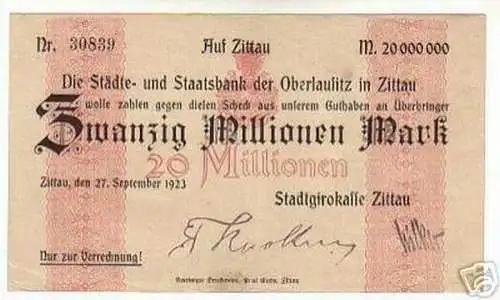 Rare Banknote Inflation 20 Millionen Mark Zittau 1923