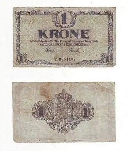 Alte Banknote 1 Krone Dänemark 1921