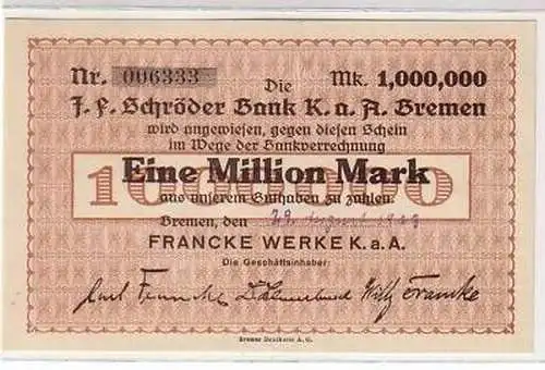 Banknote Inflation 1 Million Francke Werke Bremen 1923