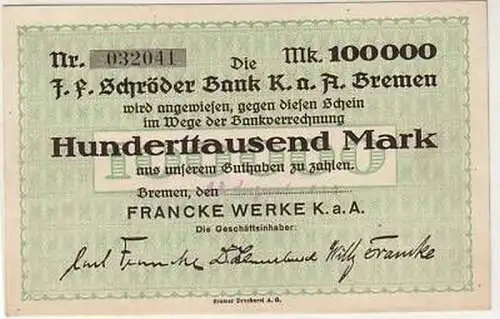 Banknote Inflation 100000 Mark Francke Werke Bremen1923