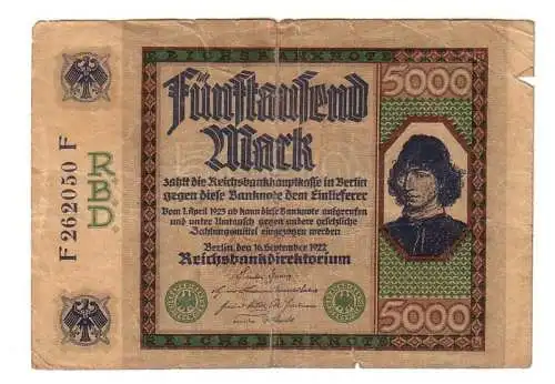 5000 Mark Inflations Banknote 16.9.1922 Rosenberg Nr.76