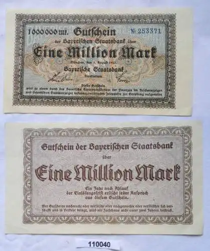 1 Million Mark Banknote Inflation Bayerische Staatsbank München 1923 (110040)