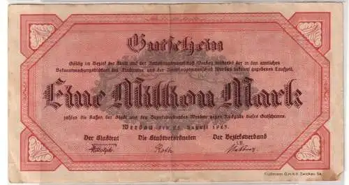 1 Million Mark Banknote Stadt Werdau 25. August 1923