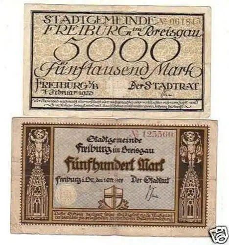 2 Banknoten Inflation Freiburg im Breisgau 1922-1923