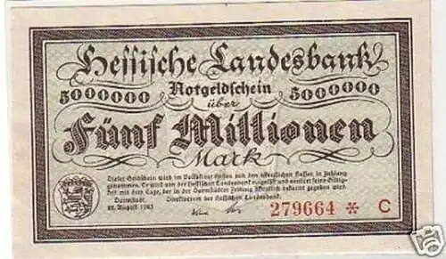 5 Millionen Mark Banknote Inflation Darmstadt 22.8.1923