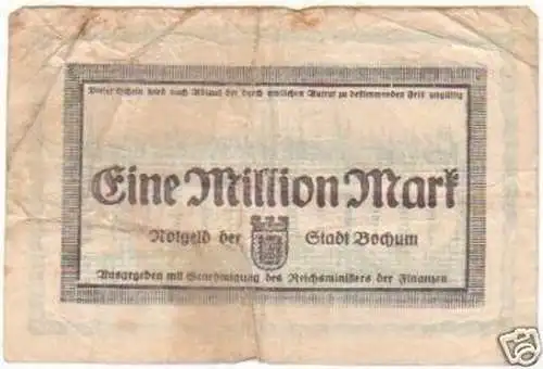 Banknote 1 Million Mark Inflation Stadt Bochum 1923