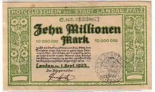 Banknote Inflation 10 Millionen Mark Stadt Landau 1923