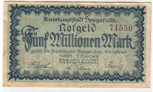 Banknote Inflation 5 Millionen Mark Stadt Speyer 1923