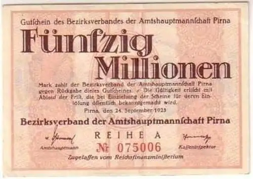 Banknote Inflation 50 Millionen Pirna 24.09.1923