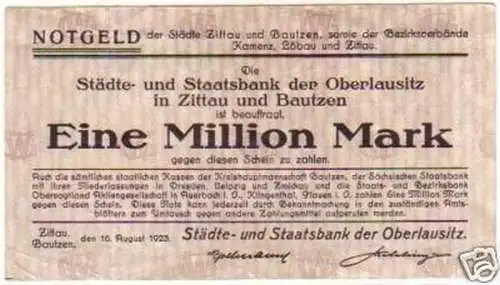 Banknote Inflation 1 Million Mark Zittau Bautzen 1923