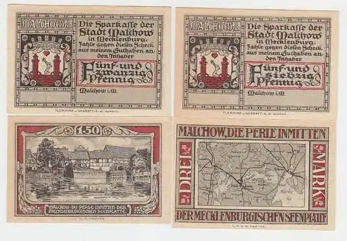 4 Banknoten Notgeld Sparkasse der Stadt Marlow um 1921