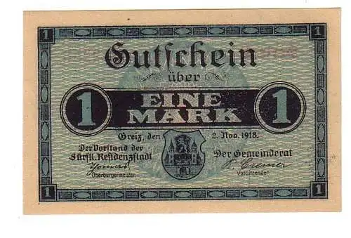 1 Mark Banknote Groß-Notgeld der Städte Greiz Zeulenroda 1918