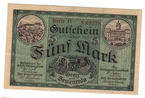 5 Mark Banknote Groß-Notgeld der Städte Greiz Zeulenroda 1918