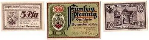 3 Banknoten Notgeld Stadt Ronneburg 1921