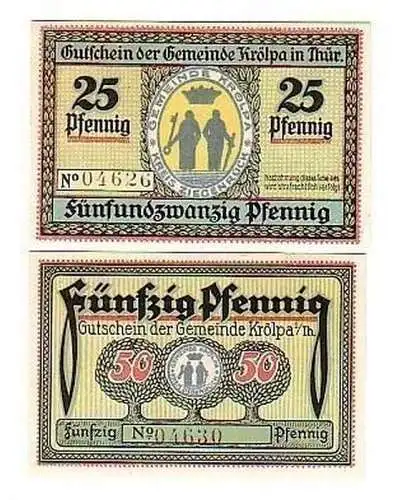 2 Banknoten Notgeld Gemeinde Krölpa in Thür. 1921