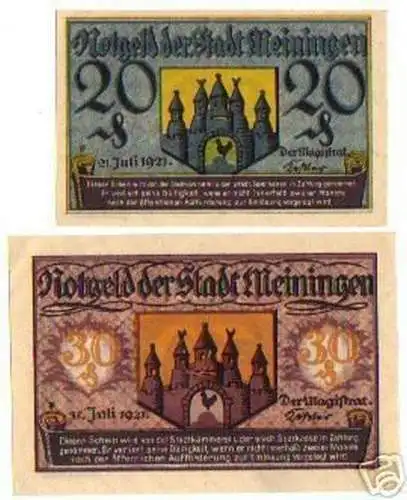 2 Banknoten Notgeld der Stadt Meiningen 1921