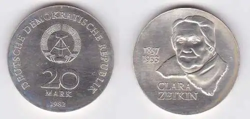 DDR Gedenk Münze 20 Mark Clara Zetkin 1982 Stempelglanz (128649)