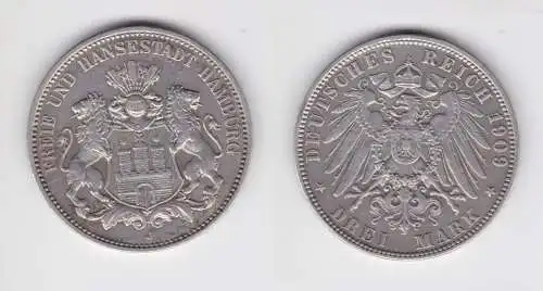 3 Mark Silbermünze Freie und Hansestadt Hamburg 1909 Jäger 64 ss+ (151259)