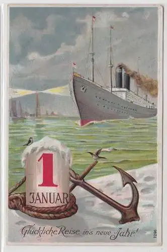 94082 Präge Glückwunsch AK Glückliche Reise ins neue Jahr! 1. Januar 1911