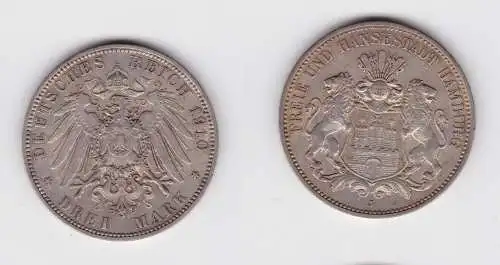 3 Mark Silbermünze Freie und Hansestadt Hamburg 1910 Jäger 64 ss+ (131625)