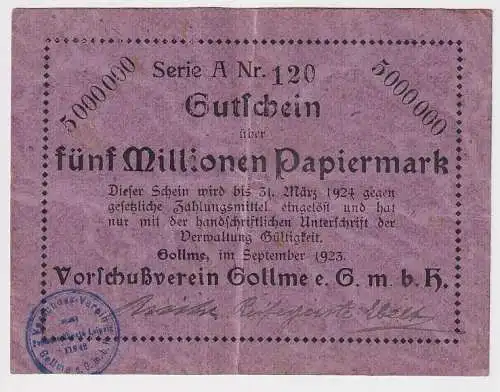 5 Millionen Mark Banknote Vorschußverein Gollme Gollma b.Delitzsch 1923 (121171)