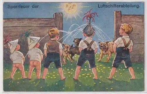 07420 Ak Humor Sperrfeuer der Luftschifferabteilung, Jungen beim Pinkeln 1917