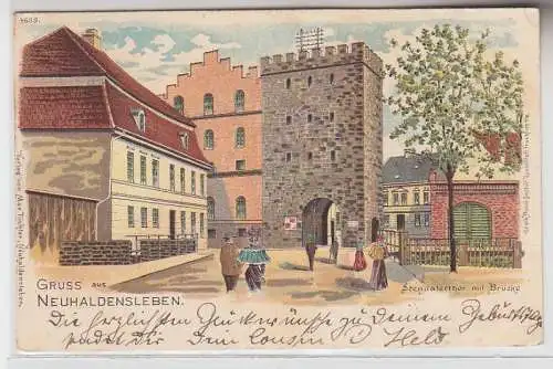 68832 Ak Lithographie Gruß aus Neuhaldensleben Stendalerthor mit Brücke 1901