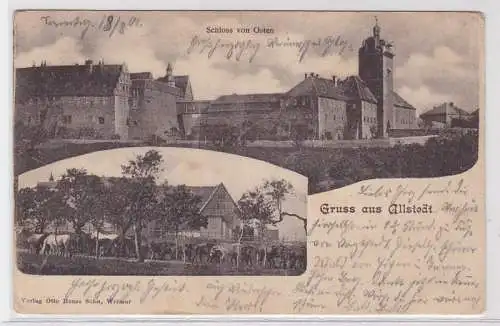 91510 AK Gruss aus Allstedt - Schloss von Osten, Bauernhof mit Pferden 1901