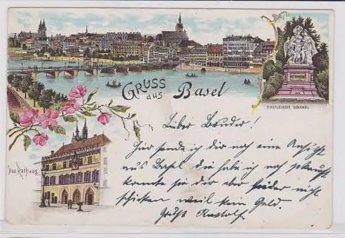 25200 Ak Lithographie Gruß aus Basel Totalansicht, Rathaus, Denkmal um 1900