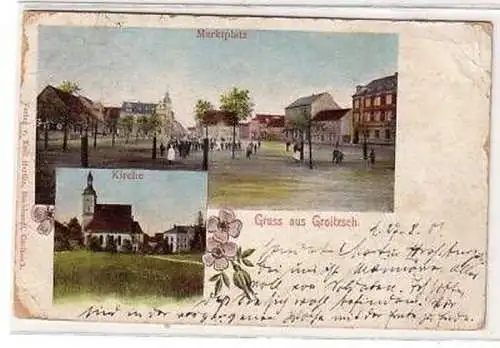 43157 Ak Gruß aus Groitzsch Marktplatz, Kirche 1901