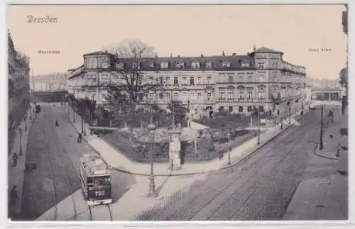 98781 Ak Dresden Maxstrasse Ecke Ostra Alle mit Strassenbahn um 1910