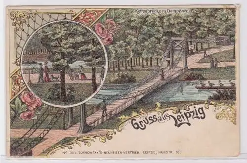 86532 AK Gruss aus Leipzig - Kettenbrücke mit Dammweg, Spaziergang im Park