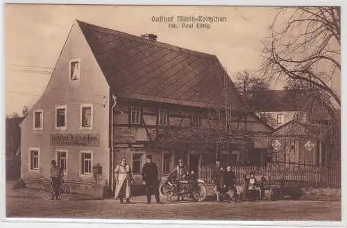 98706 Ak Gasthof Miltitz-Roitzschen mit Motorrad davor um 1920