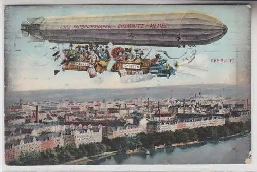 52869 Humor Ak Chemnitz Zeppelin Linie Friedrichshafen Chemnitz Memel 1910