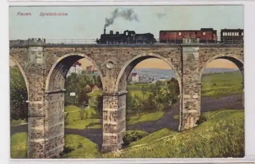 38928 AK Plauen - Syratalbrücke mit Dampflokomotive bei Überfahrt 1909