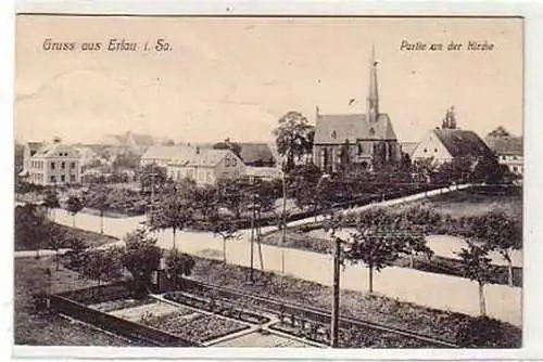 37453 Ak Gruß aus Erlau Partie an der Kirche 1914