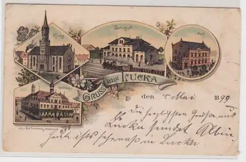 68811 Ak Lithographie Gruß aus Lucka Rathaus, Kirche, Bahnhof, Post usw. 1899