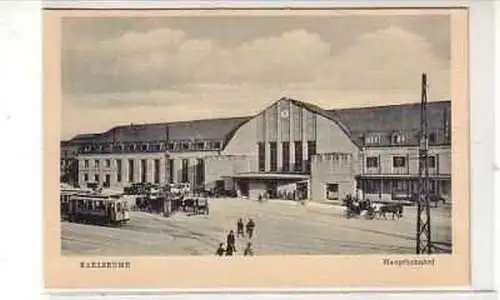 38674 Ak Karlsruhe Hauptbahnhof mit Straßenbahn um 1930