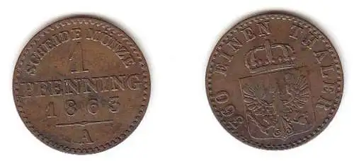 1 Pfennig Kupfer Münze Preussen 1863 A s/ ss