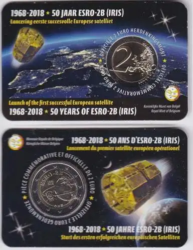 2 EURO Coincard 2018 Belgien Forschungssatellit Iris Stempelglanz (167564)