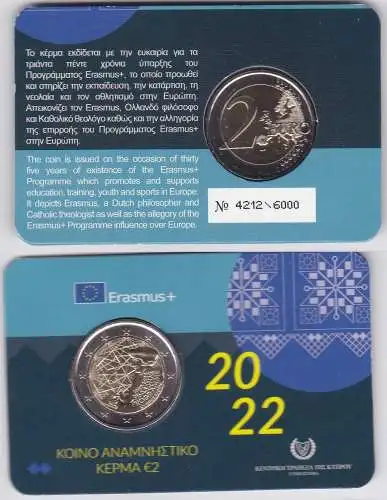 Zypern 2 EURO Münze 2022 35 Jahre Erasmus-Programm Stgl. im Folder (167563)